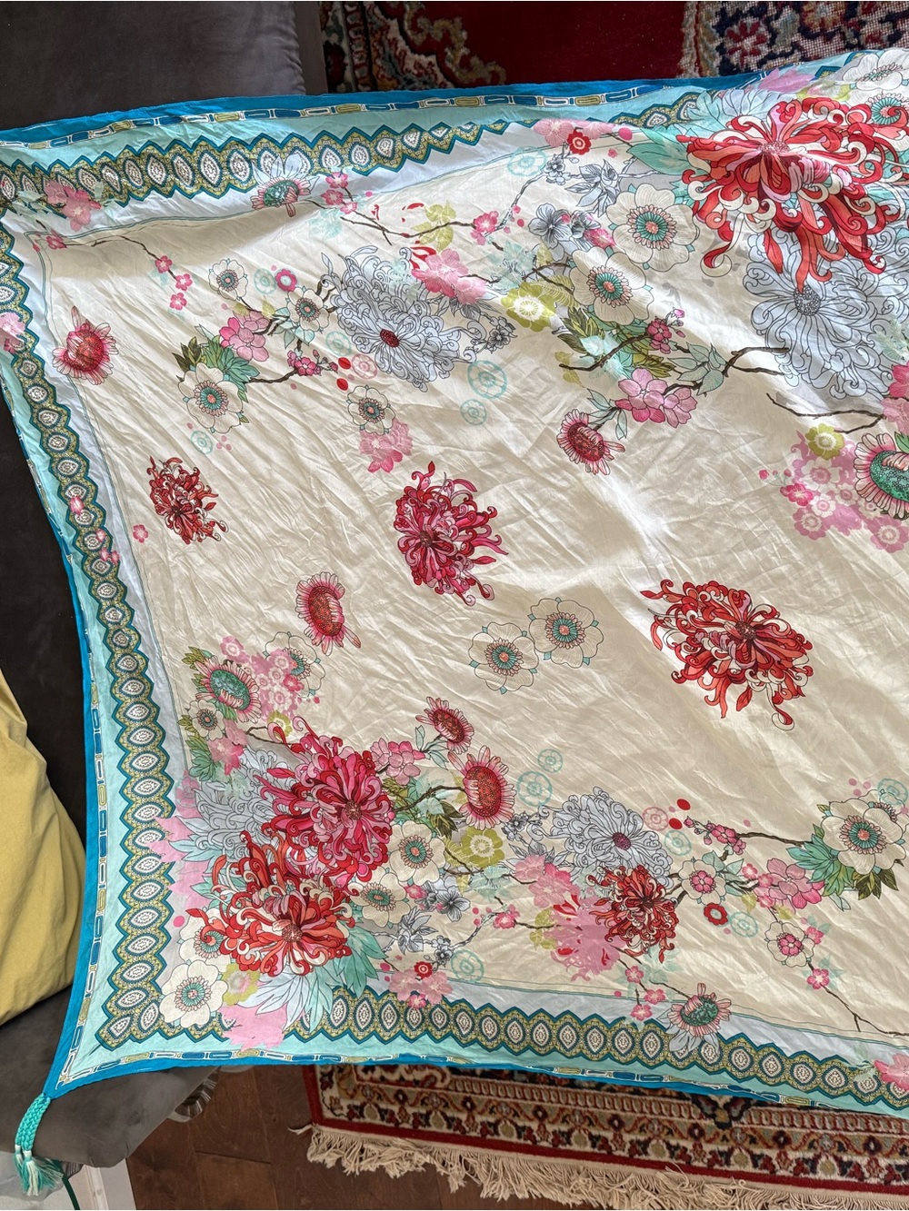 Johnny Was Cream Silk Scarf with Coral, Pink & Aqua Floral Print